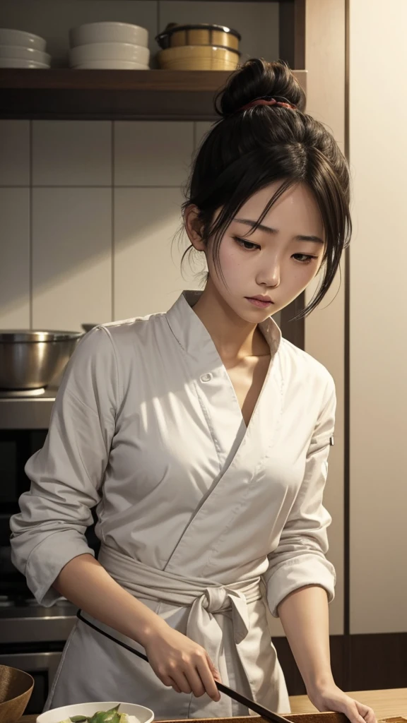 Young Japanese women, chef, hiar tied into a messy bun, sad eyes, tight messy clothes, no bra under her shirt, exhausted