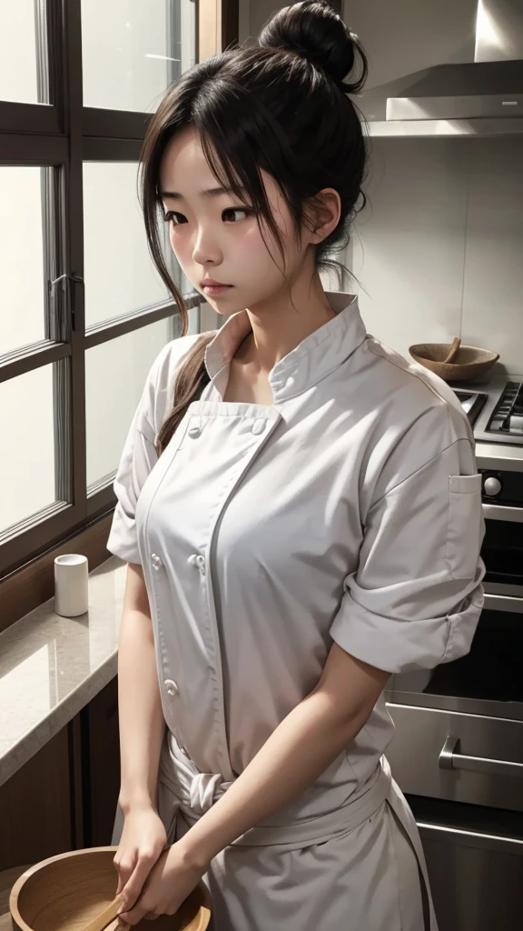 Young Japanese women, chef, hiar tied into a messy bun, sad eyes, tight messy clothes, no bra under her shirt, exhausted