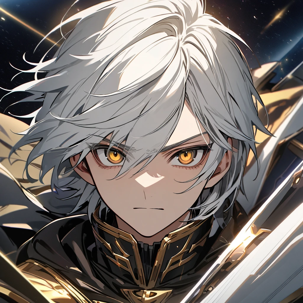 High quality, HD, 4k, no shadows, handsome male, 1male, 17 years old, teenager, short white hair, silver hair, white hair, sharp eyes, dark golden colored eyes, deep golden eyes, dark gold eyes, gold eyes, devil may cry, close up, calm expression, stoic expression, black leather clothes, white leather clothing, lean body, well trained body, upper body, looking at viewer, cowboy shot, white solar, space background