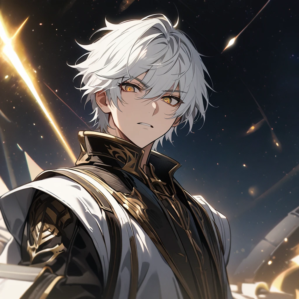 High quality, HD, 4k, no shadows, handsome male, 1male, , teenager, shwhite hair, silver hair, white hair, sharp eyes, dark golden colored eyes, deep golden eyes, dark gold eyes, gold eyes, devil may cry, close up, calm expression, stoic expression, black leather clothes, white leather clothing, lean body, well trained body, upper body, looking at viewer, cowboy shot, white solar, space background