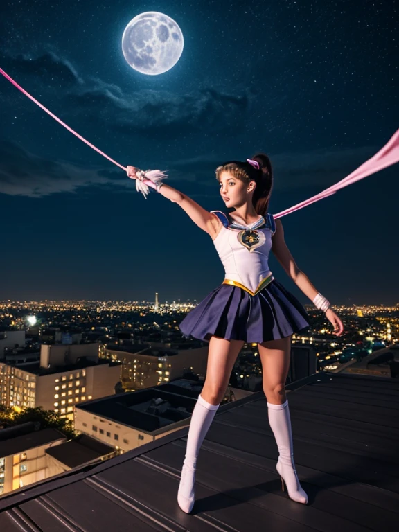 Sailor Moon (moon princess magical girl form) doing katas on a rooftop, preparing for a battle with a creature of darkness, moonlit night