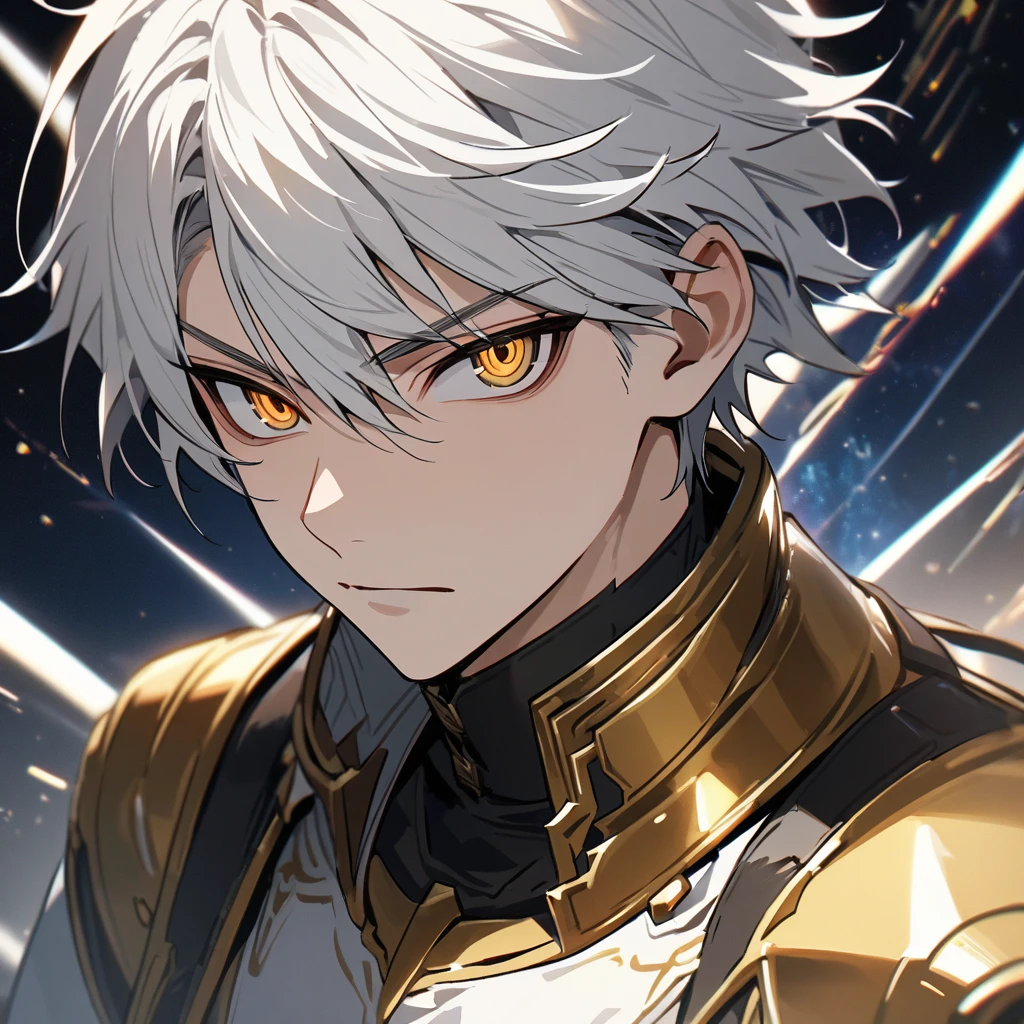 High quality, HD, 4k, no shadows, handsome male, 1male, 17 years old, teenager, short white hair, silver hair, white hair, sharp eyes, dark golden colored eyes, deep golden eyes, dark gold eyes, gold eyes, devil may cry, close up, calm expression, stoic expression, black leather clothes, white leather clothing, lean body, well trained body, upper body, looking at viewer, cowboy shot, white solar, space background