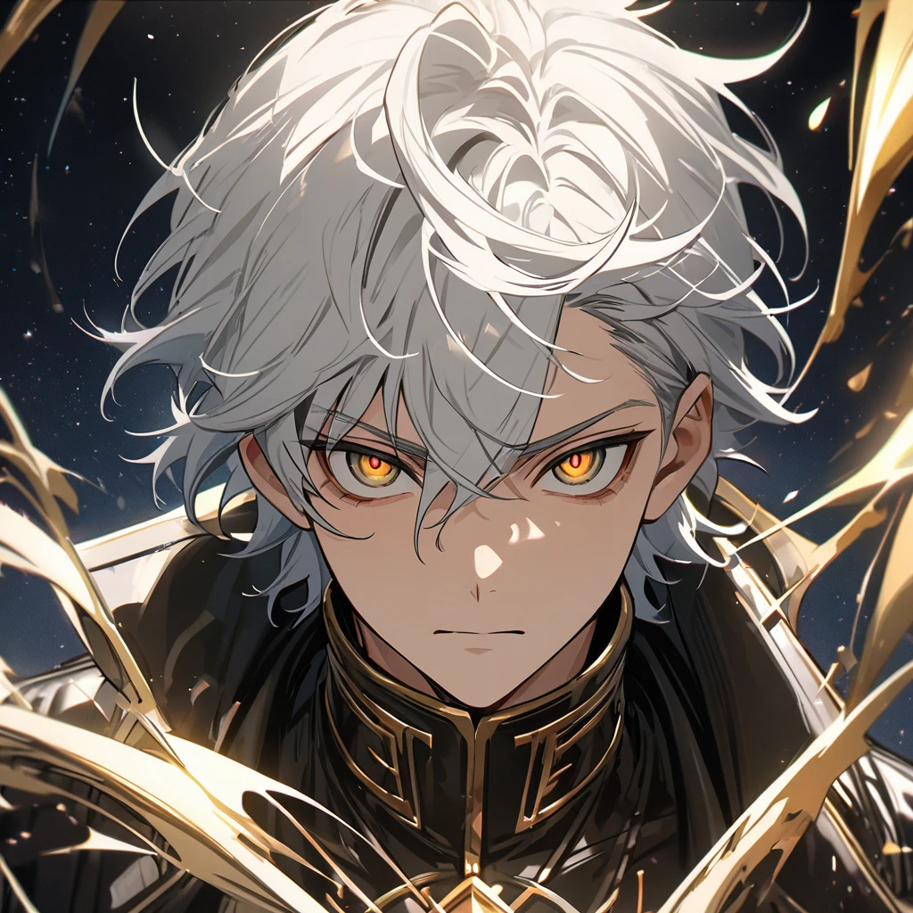High quality, HD, 4k, no shadows, handsome male, 1male, , teenager, shwhite hair, silver hair, white hair, sharp eyes, dark golden colored eyes, deep golden eyes, dark gold eyes, gold eyes, devil may cry, close up, calm expression, stoic expression, black leather clothes, white leather clothing, lean body, well trained body, upper body, looking at viewer, cowboy shot, white solar, space background