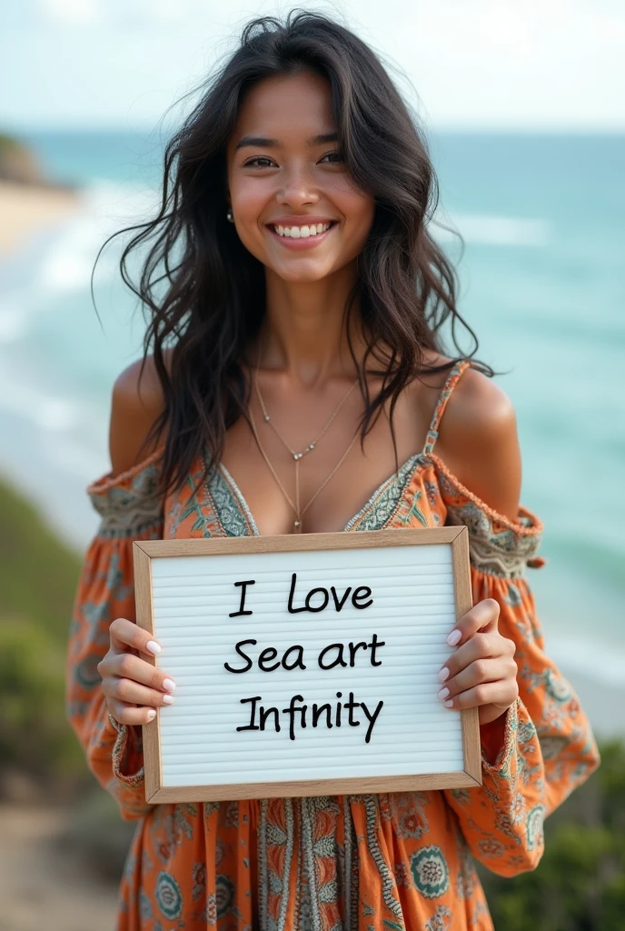 Beautiful girl with wavy long hair, bohemian dress, holding a white board with text "I Love Seaart Infinity" and showing it to the viewer