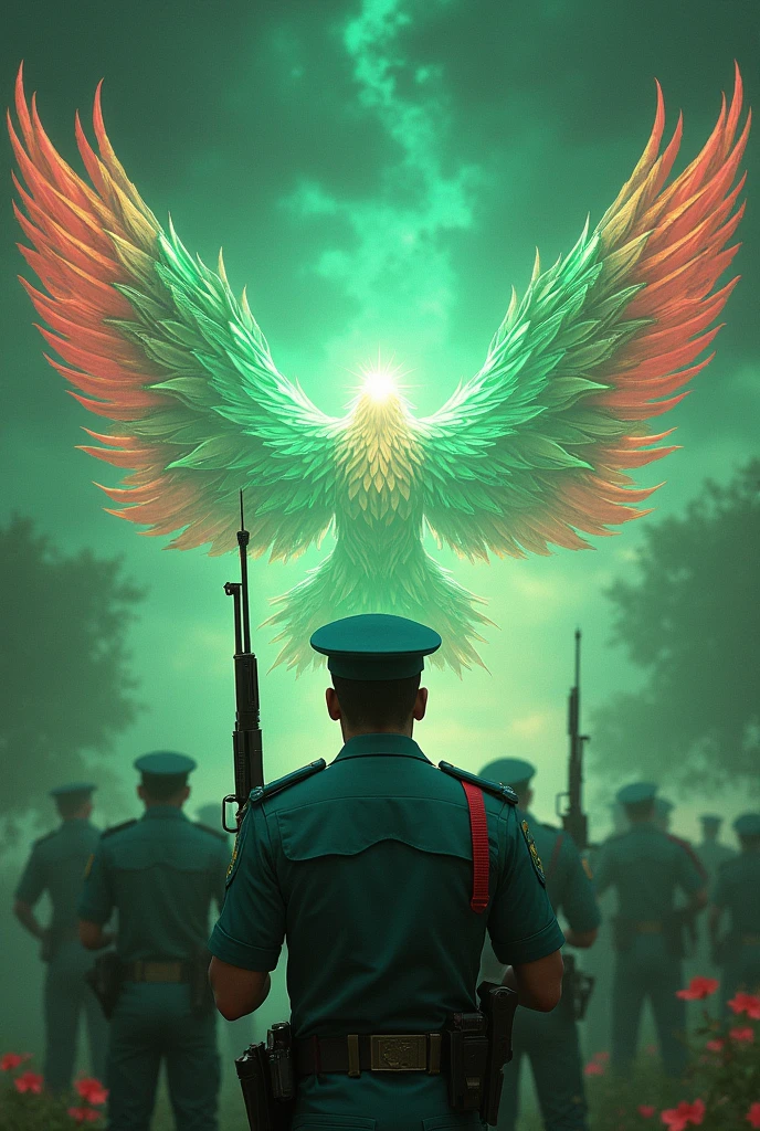 Bangladesh Police wearing Bangladesh petrol color police uniform and guards shooting green-red heavenly birds protecting Bangladesh