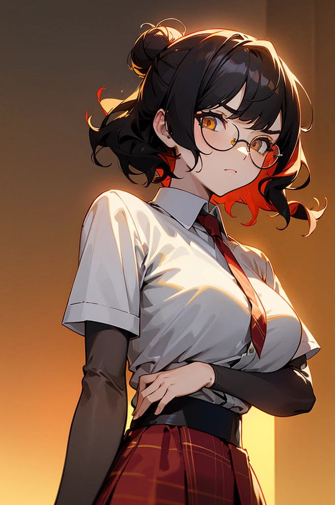 1female , undercut hair , wavy hair ,short hair, black Hair , golden Eyes , lean build , female , Serious Expression , Modern City Background , modern city background, upper body, white shirt, arm, black arm sleeves, big red S symbol, black shorts, glasses, hair in a bun, sun set background. red skirt, flannel jacket