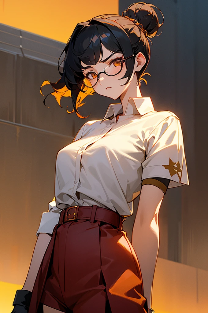 1female , undercut hair , wavy hair ,short hair, black Hair , golden Eyes , lean build ,teen female , Serious Expression , Modern City Background , modern city background, upper body, white shirt, arm, black arm sleeves, big red S symbol, black shorts, glasses, hair in a bun, sun set background. red skirt, flannel jacket