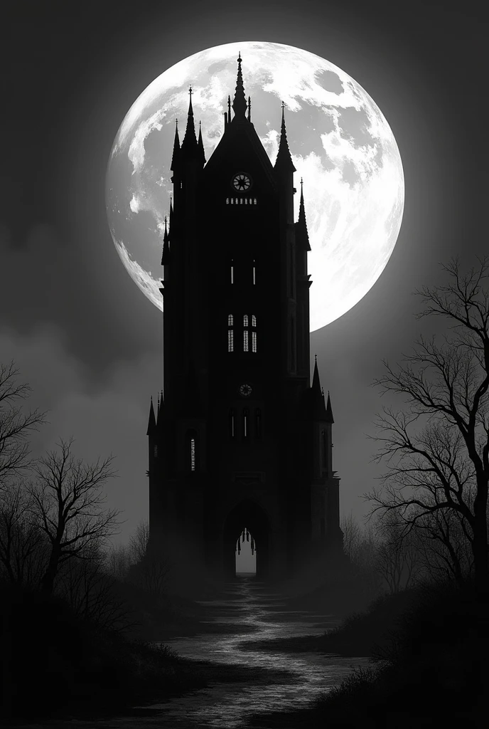 horror tall and big building, random background scene, complete darkness background, black and white manga panel, dark big building, dark background, full moon