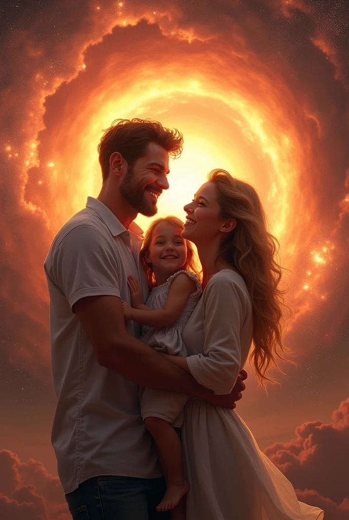 A Father A Mother And her daughter Smiling In space with the big bang