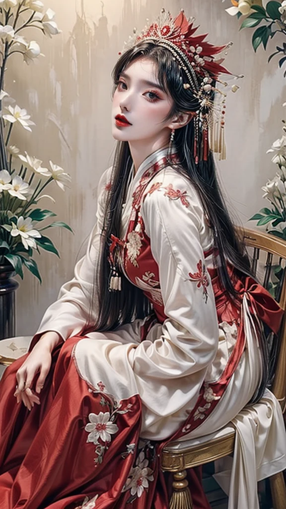 A woman in a red coat sits on a chair，There is a dragon beside me, Very popular on artstation pixiv, Detailed anime artwork, Detailed digital anime art, Complex and gorgeous anime CGI style, guvez on pixiv art station, guvez on pixiv, Anime fantasy illustration, Detailed anime art, clean Detailed anime art, detailed key anime art, Red lips slightly parted, nude