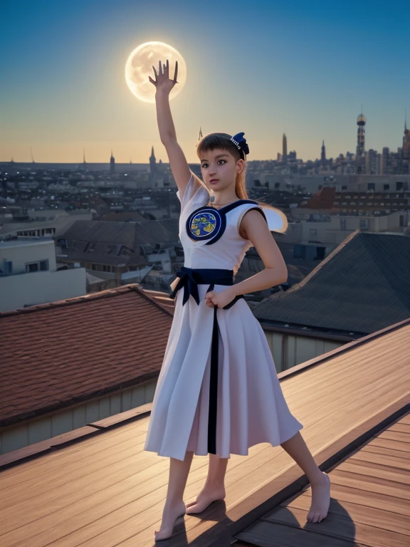 Sailor Moon (moon princess magical girl form) doing katas on a rooftop, preparing for a battle with a creature of darkness, moonlit night