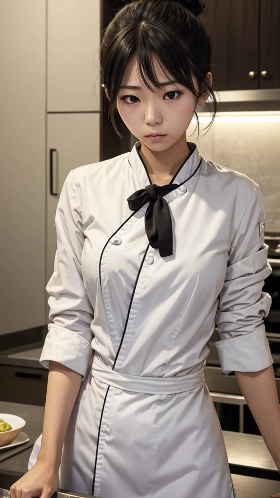 Young Japanese women, chef, hiar tied into a messy bun, sad eyes, tight messy clothes, no bra under her shirt, exhausted 