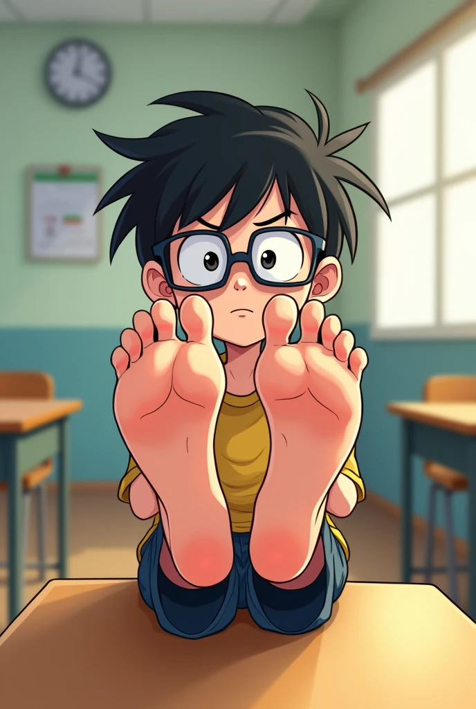 2D anime style, nerd barefoot boy school 7 years old sitting on empty table lifting long feet, wrinkled soles,