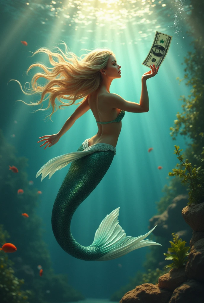 Image of a mermaid being lured by a dollar bill and reaching out to grab it.