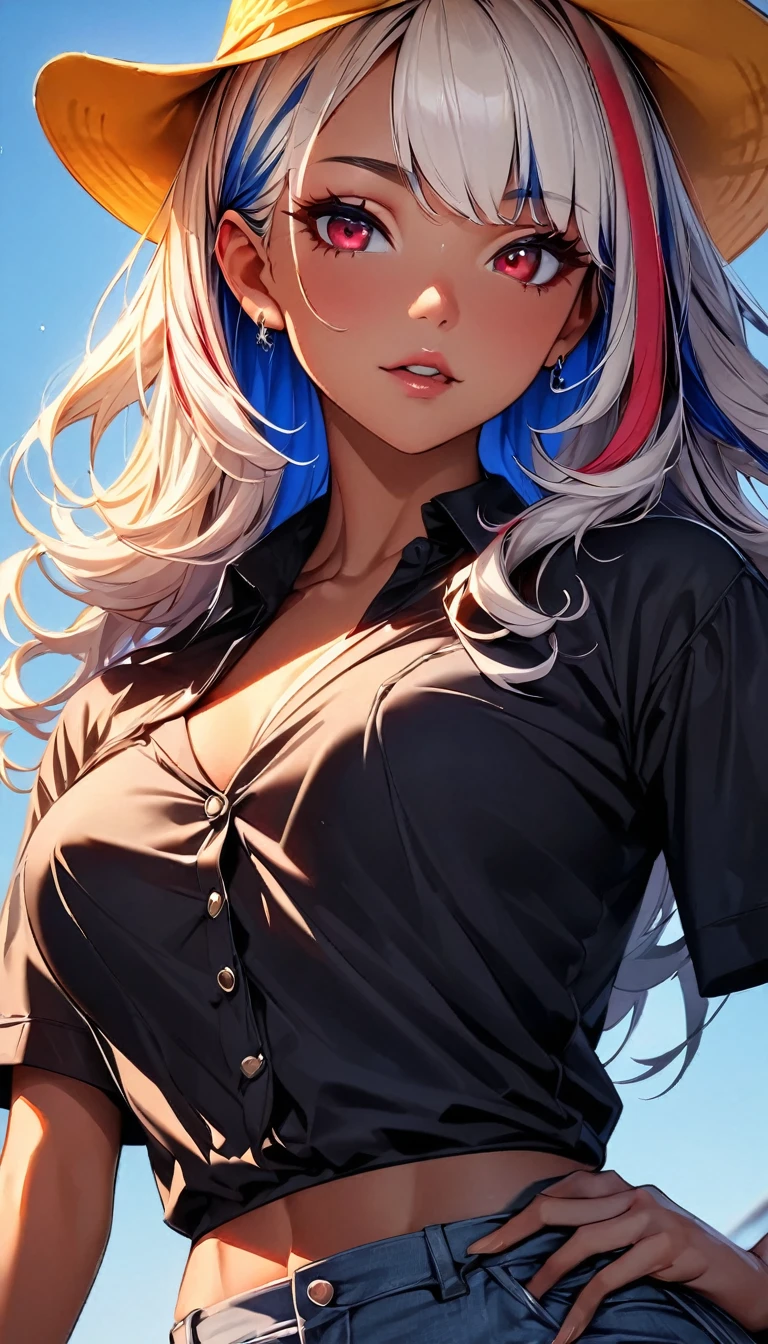 (highest quality:1.2, Very detailed, up to date, Vibrant, Ultra-high resolution, High Contrast, masterpiece:1.2, highest quality, Best aesthetics), Portraiture、girl、singer, solo, ((25-years-old:1)), Bright colors, Beautiful fine details、Beautiful lip detail、medium wave hair、red and white ((streaked hair:1.6)), highlights hair: 1.5, red eyes, slim body, medium breast, (tan skin:1.1), (Floral Fineline tattoo design on left arm:1), ((sexy cowgirl:1.5)), (yellow cowboy hat:1.7), short sleeve plaid shirt, jeans, farm house, blue sky, (cowboy shot:1.7),