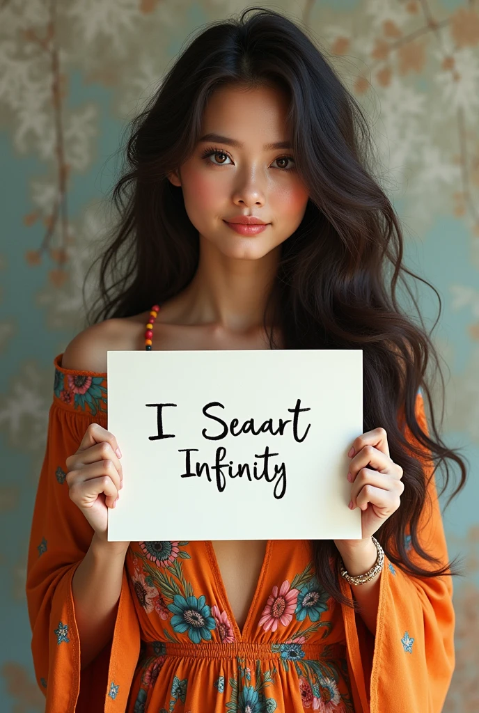 Beautiful girl with wavy long hair, bohemian dress, holding a white board with text "I Love Seaart Infinity" and showing it to the viewer
