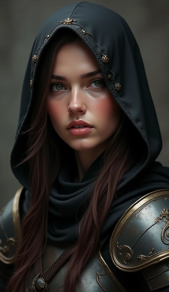 A woman knight with a deep brown hair and wearing a black hood portrait