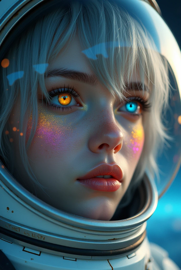 (Close-up of a better masterpiece:1.5)0.9], (Space and astronauts:1.2) (Messy silver hair:1.1) (Heterochromia xanthochromia and blue eyes:1.2) (Space Helmet:1.0) (Colored stars in the eyes:1.0) (A radiant glow:1.1) (thick lips:0.9)