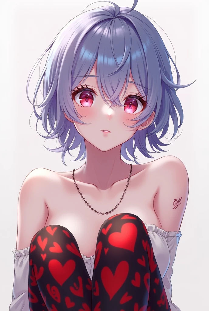 I want an anime boy with an effeminate body,slightly long blue and purple hair,that has pinkish red eyes and red and black stockings