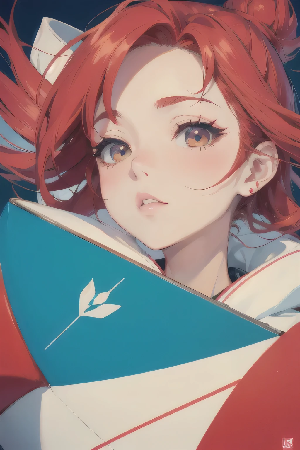 Hayao Miyazaki Red and White style, Simple Line Initialism,Abstract art,Urban Background, (((The most beautiful girl of all time))), Sweet face. Lips in love, colorful hearts, logo design