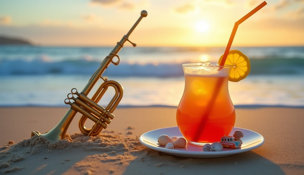 A trumpet instrument is stuck in the sand on a beach.. There are pretty seashells, conches, and toy cars.. A refreshing cocktail with a straw and lemon garnish on a plate.. There are waves. The sky with sunset.