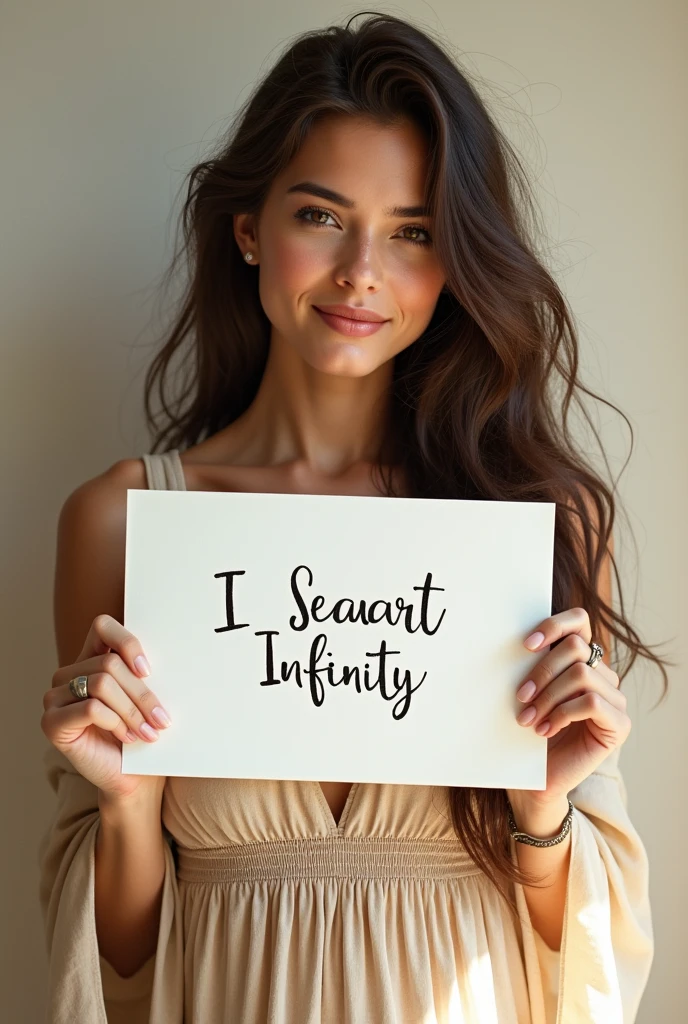 Beautiful girl with wavy long hair, bohemian dress, holding a white board with text "I Love Seaart Infinity" and showing it to the viewer