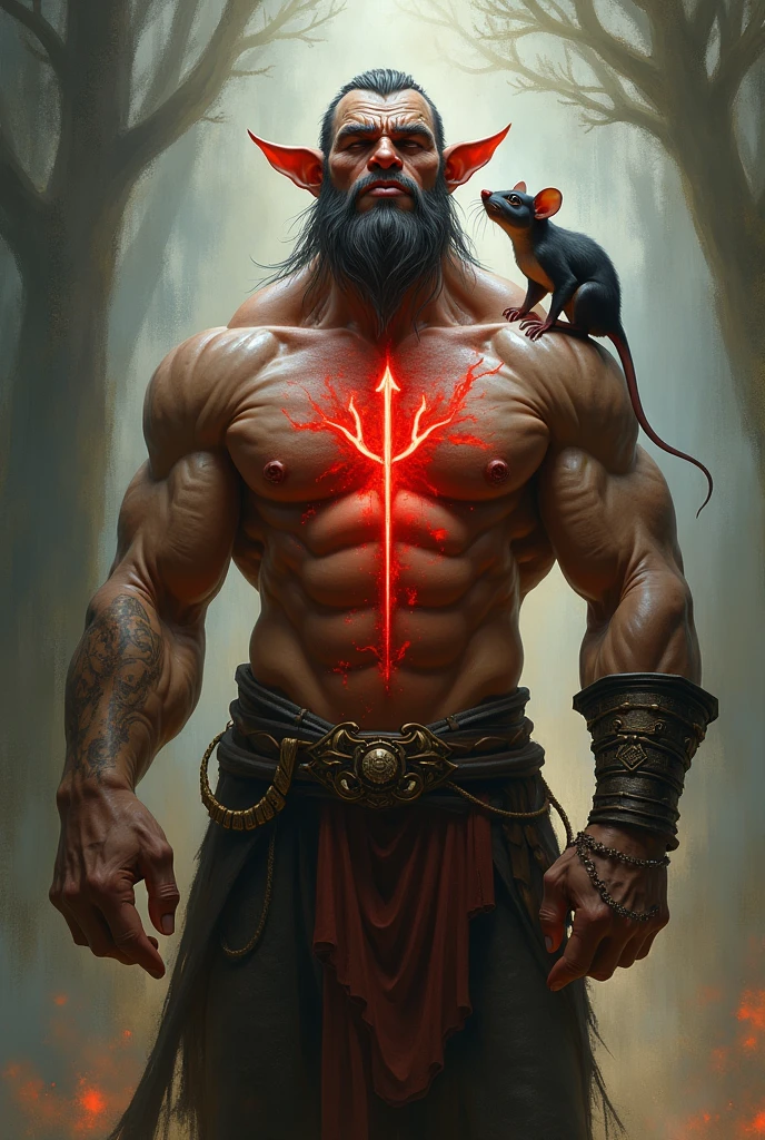 Harmonious orc with a pet rat and a goddess whispering in his ear with a trident-shaped symbol that is a red curse that is spreading throughout his body and a goddess, Make the mark on your back
