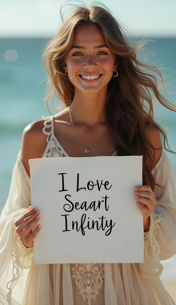 Beautiful girl with wavy long hair, bohemian dress, holding a white board with text "I Love Seaart Infinity" and showing it to the viewer