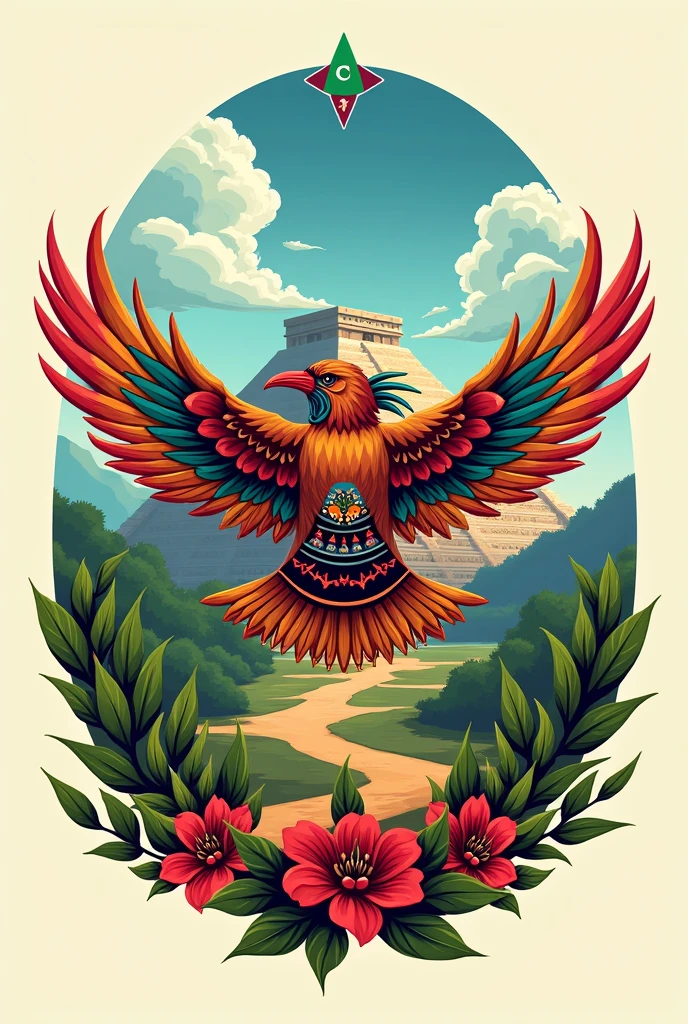 Create a logo that includes Indigenous elements, The Papantla Flyers, Coffee beans and the Tajin pyramid