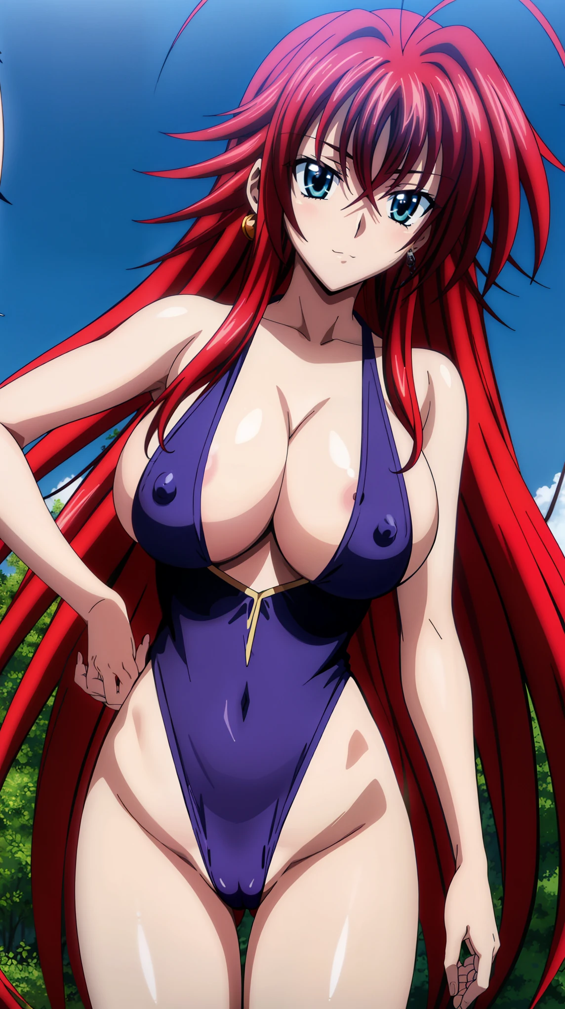 sysdeep_rias, 1girl, solo, long_hair, blue_eyes, large_breasts, cleavage, hair_between_eyes, very_long_hair, ahoge, red_hair, outdoors, sky, day, covered_nipples, hand_on_hip, red_bikini, o-ring, o-ring_top, huge_ahoge, purple bikini masterpiece), best quality, expressive eyes, Beautiful FingerBeautiful body,Beautiful Nose,Beautiful character design, perfect eyes, perfect face,
NSFW,official art,extremely detailed CG unity 8k wallpaper, perfect lighting,Colorful, Bright_Front_face_Lighting,
(masterpiece:1.0),(best_quality:1.0), ultra high res,4K,ultra-detailed,
photography, 8K, HDR, highres, absurdres:1.2, Kodak portra 400, film grain
smile closed mouth earrings locking at viewer standing