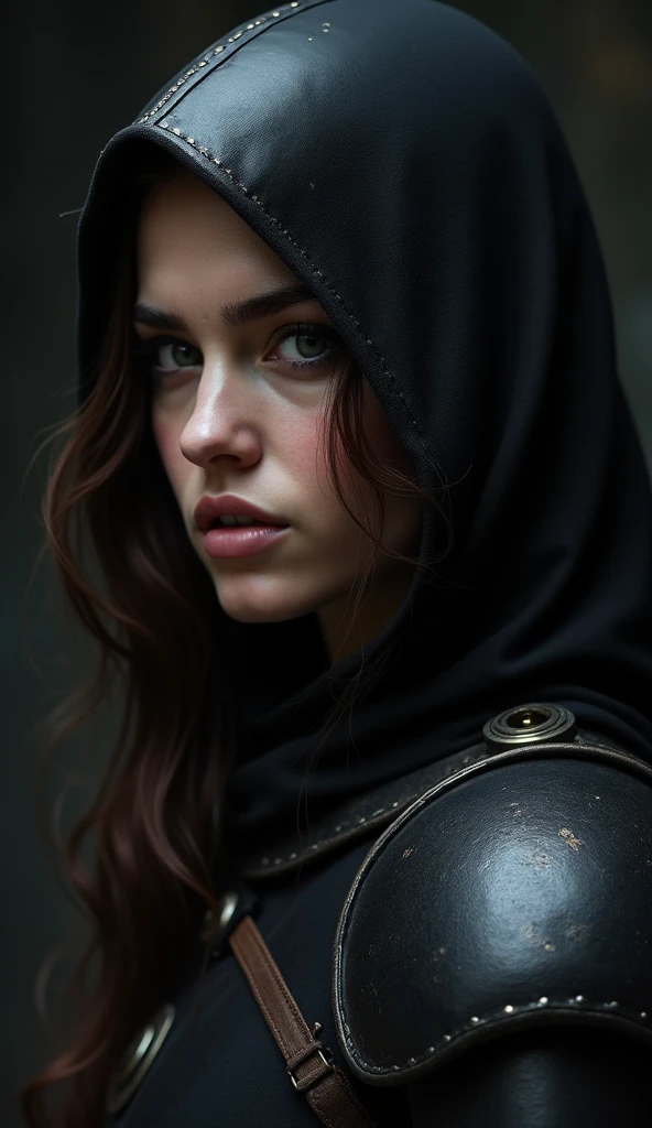 A woman knight with a deep brown hair and wearing a black hood portrait