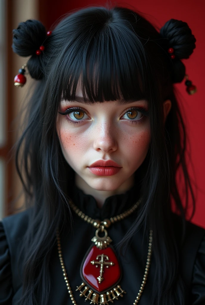 Highest quality、8k、masterpiece:1.3、Gothic Punk、The inside color is red、Black-haired、hair ornaments、Beautiful girl、creative、Dark Fantasy Style、Neogoth、Goth Fashion:1.2、High resolution、masterpiece、Highest quality、頭w:1.3、((Hasselblad Photos))、Fine skin、Sharp focus、(Cinematic lighting)、Realistic textured hair