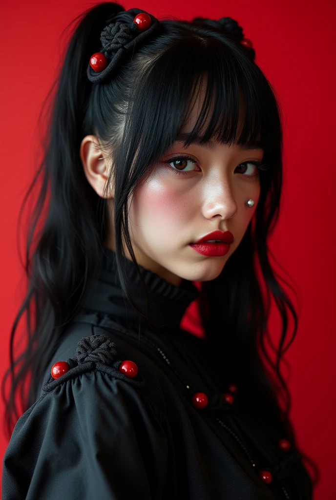 Highest quality、8k、masterpiece：1.3、Gothic Punk、The inside color is red、Black-haired、hair ornaments、Beautiful girl、creative、Dark Fantasy Style、Neogoth、Goth Fashion：1.2、High resolution、masterpiece、Highest quality、頭w:1.3、((Hasselblad Photos))、Fine skin、Sharp focus、(Cinematic lighting)、Realistic textured hair