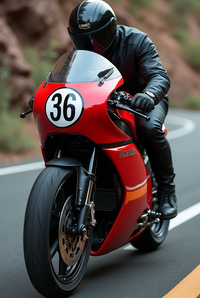 A cafe racer motorcycle that has the number 36 in the front, red tank, without a front headlight
