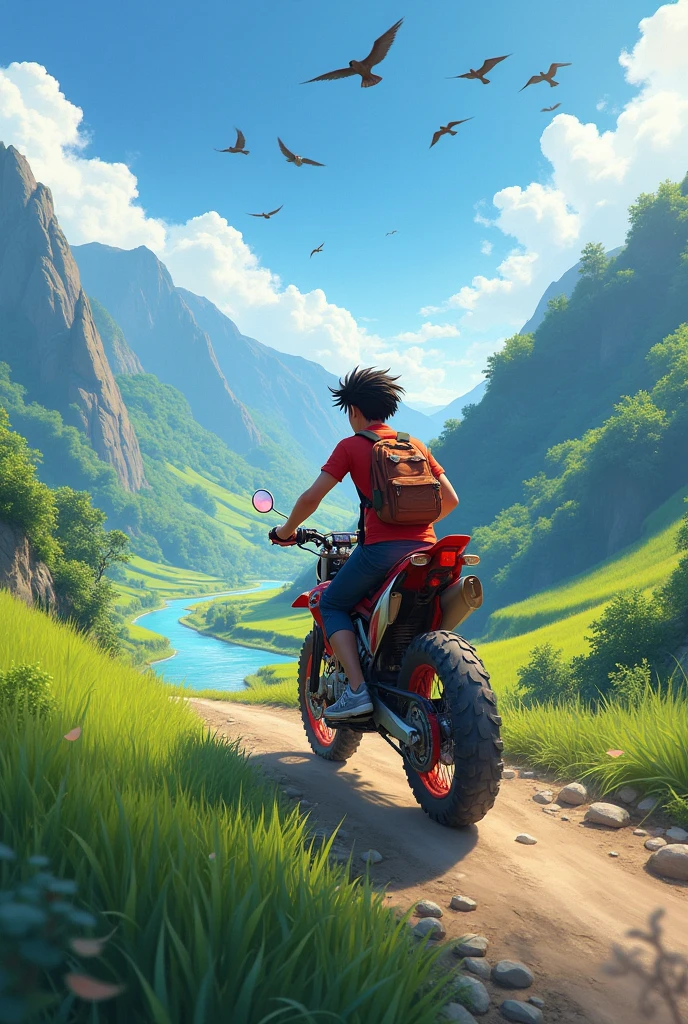 A young man rides a motorbike without a helmet in a mountainous area, above him there are birds flying, there is a small river and rice fields.