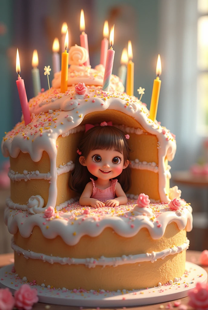 cute girl sitting in side of a big birthday cake