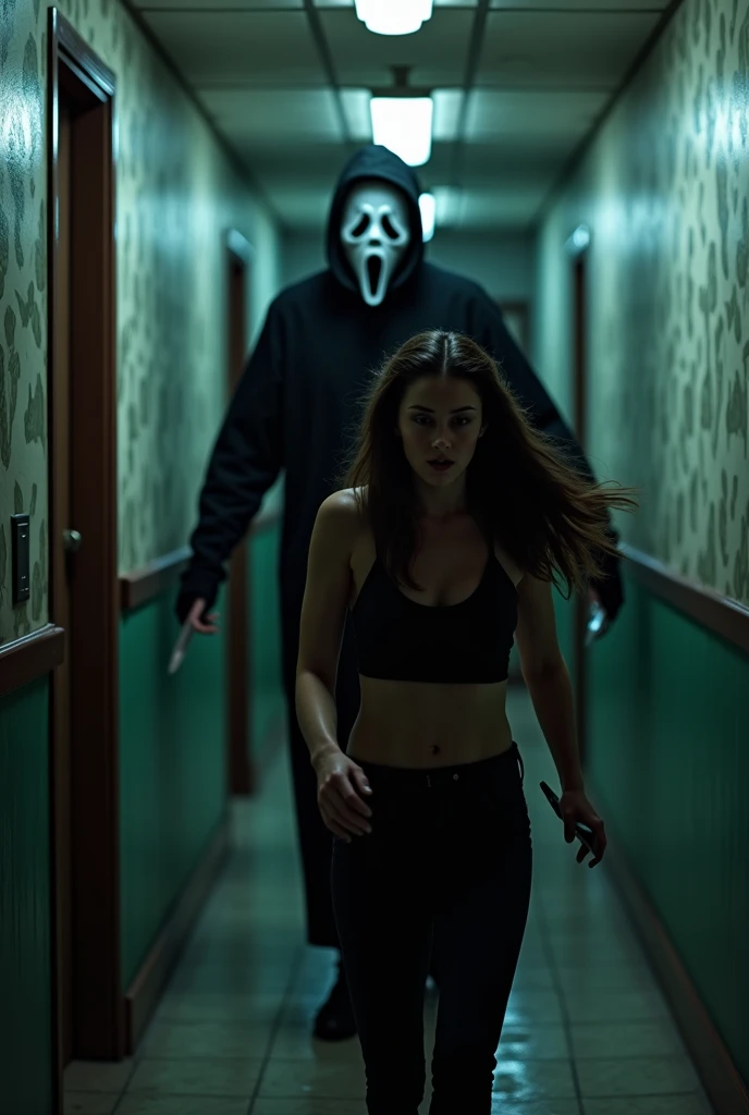 Aria Montgomery being chased by Ghostface with a knife at a hallway from a motel at night