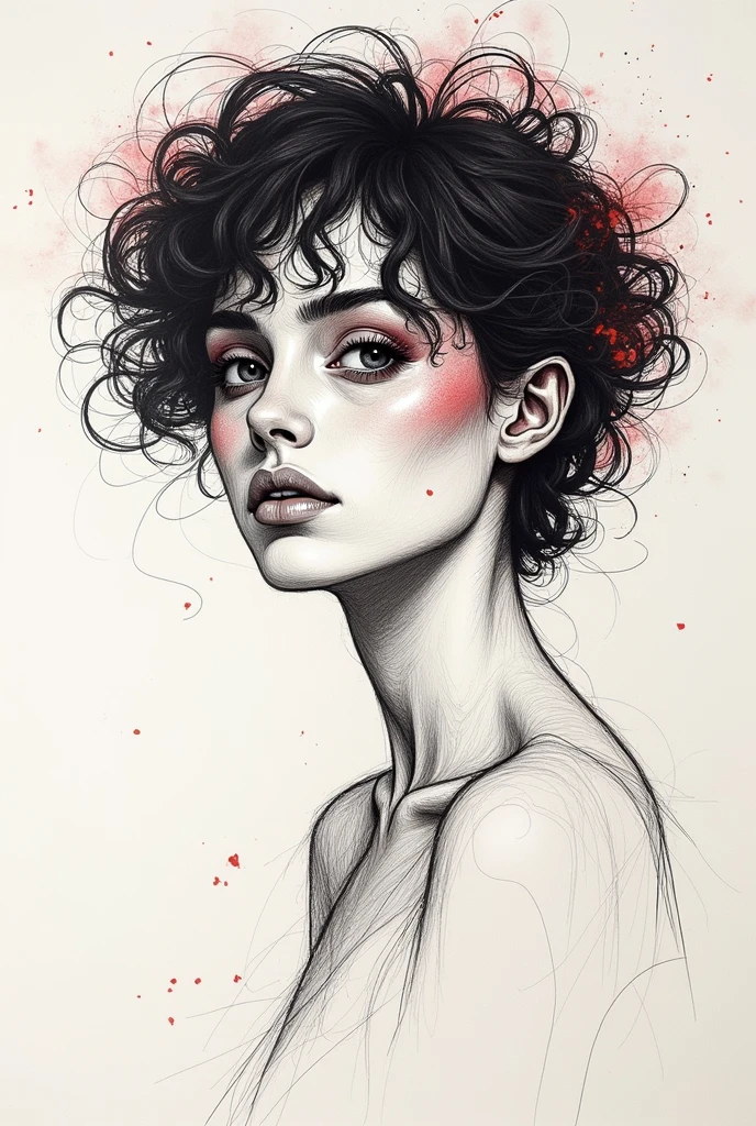 ((expressionist lines, expressive line art, thin lines, symbolism)), color, one girl's artistic croquis, solo exhibition, look at the viewer, eye-catching, mysterious beauty, short curly hair, Ethereal fashion, ((bust shot)), ((expressionist lines, expressive line drawing, fine lines, symbolism)), expressionism, artistic, top quality: 1.32, masterpiece,