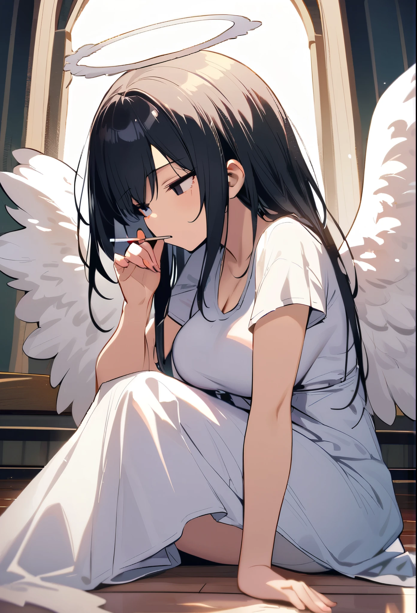 1 girl,long black hair,big breasts,angel,angel wings,halo,white tunic,languid,sluggish,empty eyes,bored,lonely,sigh,half-closed eyes,sharp eyes,open eyes,air is heavy,sitting,Right knee up,Right elbow on right knee,holds a cigarette in her right hand,exhaling cigarette smoke from her mouth,heaven,floor is made of fluffy clouds