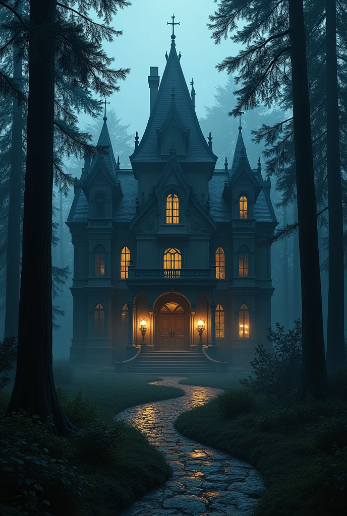 A two-story school with an interior design style like a mansion, scary, mysterious, a school located in the middle of a pine forest.
