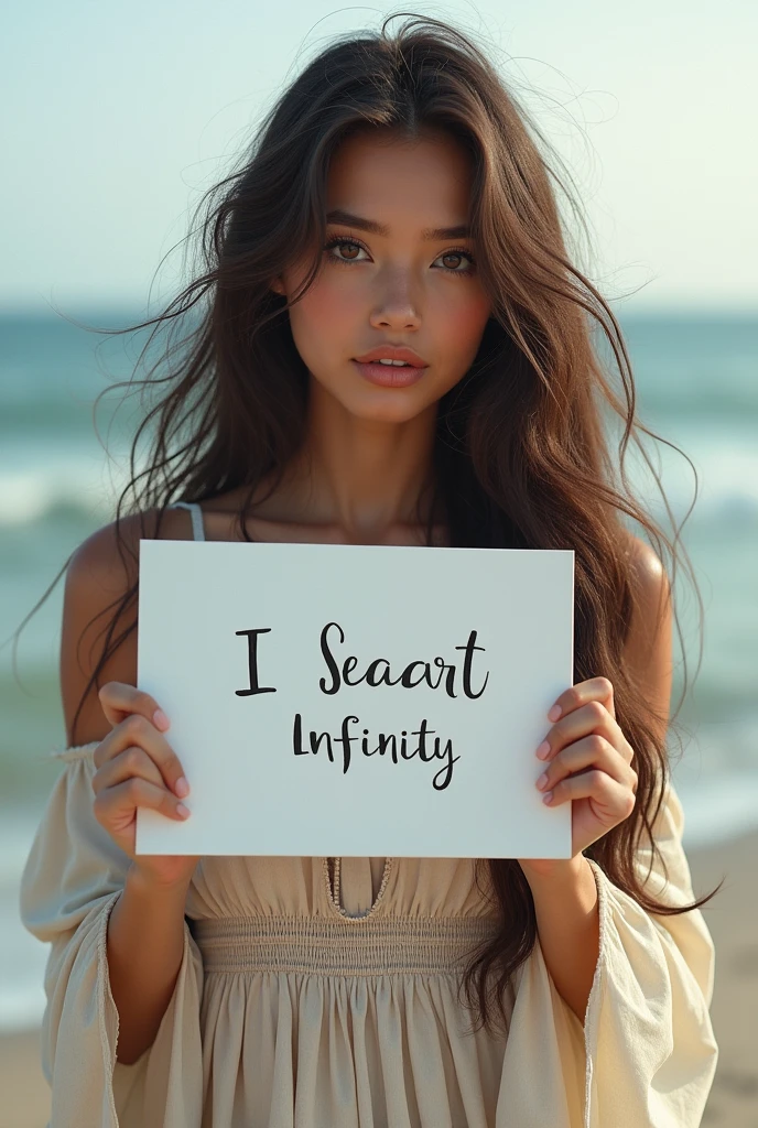 Beautiful girl with wavy long hair, bohemian dress, holding a white board with text "I Love Seaart Infinity" and showing it to the viewer
