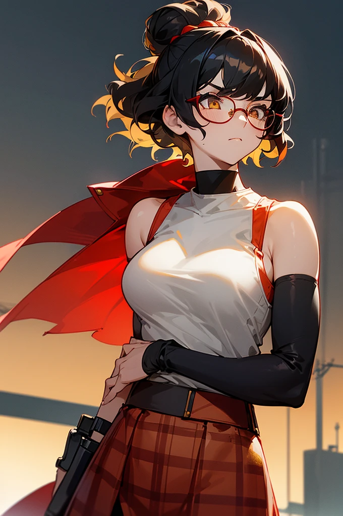 1female , undercut hair , wavy hair ,short hair, black Hair , golden Eyes , lean build ,teen female , Serious Expression , Modern City Background , modern city background, upper body, white tanktop, arm, black arm sleeves, big red S symbol, black shorts, glasses, hair in a bun, sun set background. red skirt, flannel jacket,
