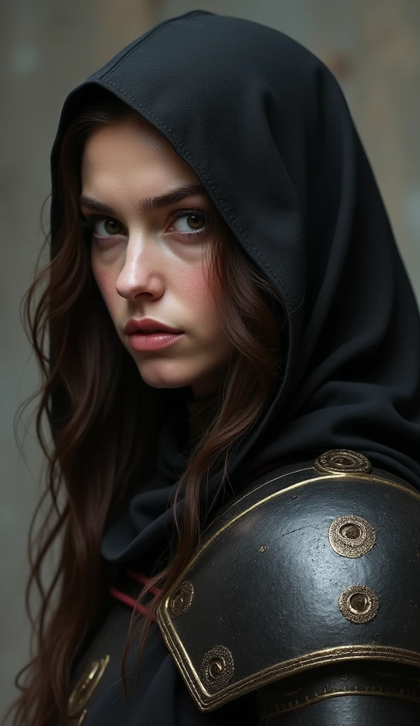 A woman knight with a deep brown hair and wearing a black hood portrait