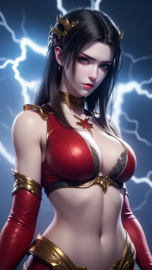 (lifelike, high - resolution:1.3), 1 girl with a perfect body, Super fine face and eyes,slong hair, big boob,Expose cleavage5, lightning, hyper-realistic graphics, most realistic graphics, 1 girl, alone, solo, Extremely sharp, surreal image, full body.