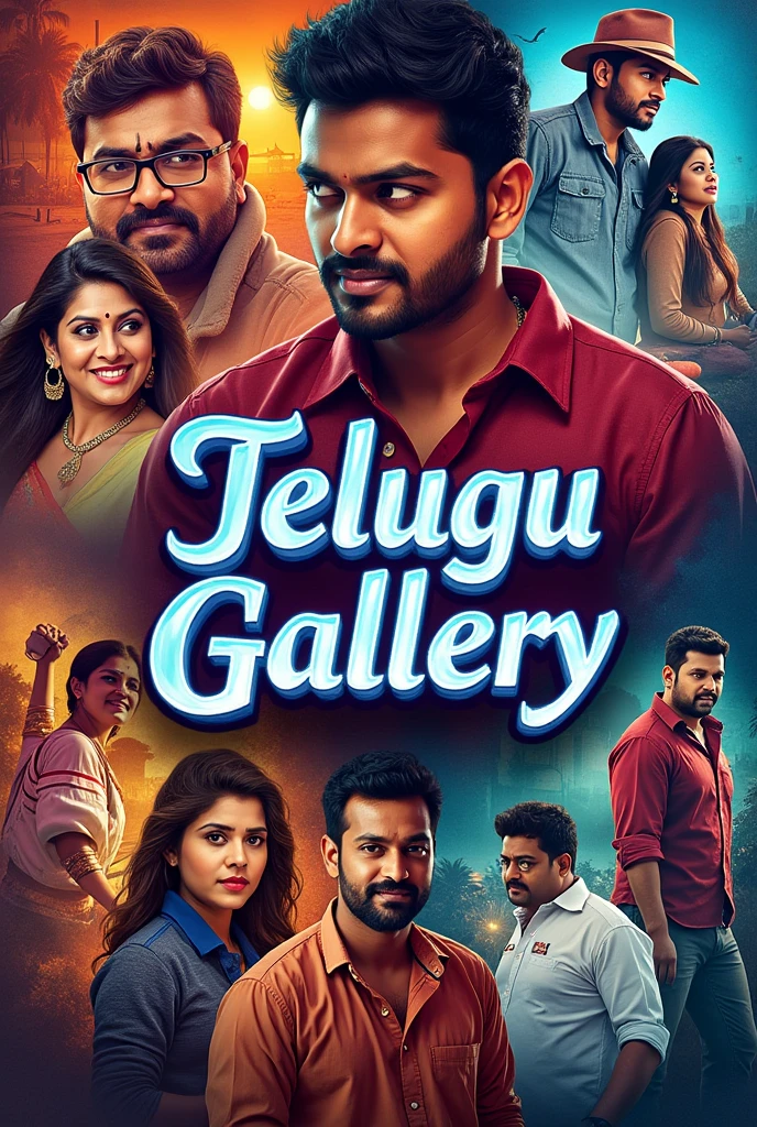 I have created a new youtube channel naming telugu gallery having motivation, entertainment, gaming, fun and sports can you please create a profile image with channel name big and middle of Image with telugu movies images old and new
