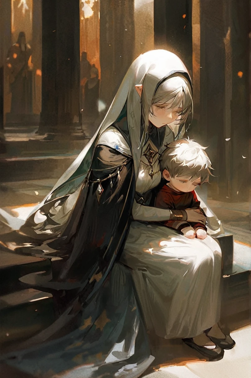 priestess, sad mother sitting with her son&#39;s body on her lap, with white hair on her lap, LONG white hair, field of flowers, flower cemetery, castle temple, sad landscape, stunning landscape, (dreamy landscape)