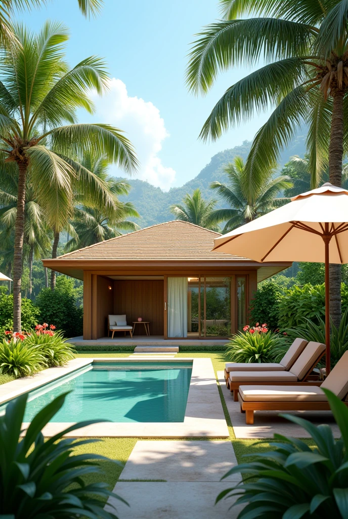 Beautiful simple tropical house , garden flower , small swimming pool and sunbeds and umbrellas 