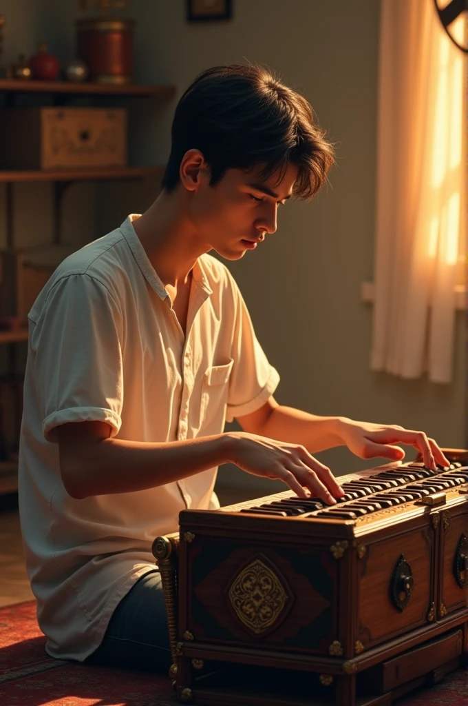 One 18 year old man make music with harmonium 