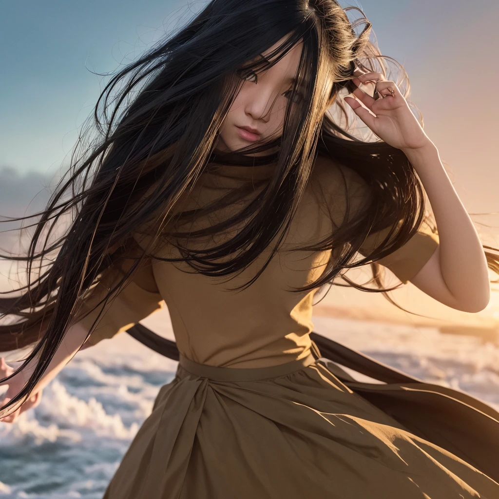 a beautiful age japanese schoolgirl in a school uniform, long black hair, waving to her friend, photorealistic, highly detailed, 8k, realistic lighting, cinematic, dramatic angle, vivid colors, beautiful scenery, cityscape background, (best quality,4k,8k,highres,masterpiece:1.2),ultra-detailed,(realistic,photorealistic,photo-realistic:1.37),dramatic lighting,intricate details,vibrant colors,cinematic composition,dynamic pose,emotional expression