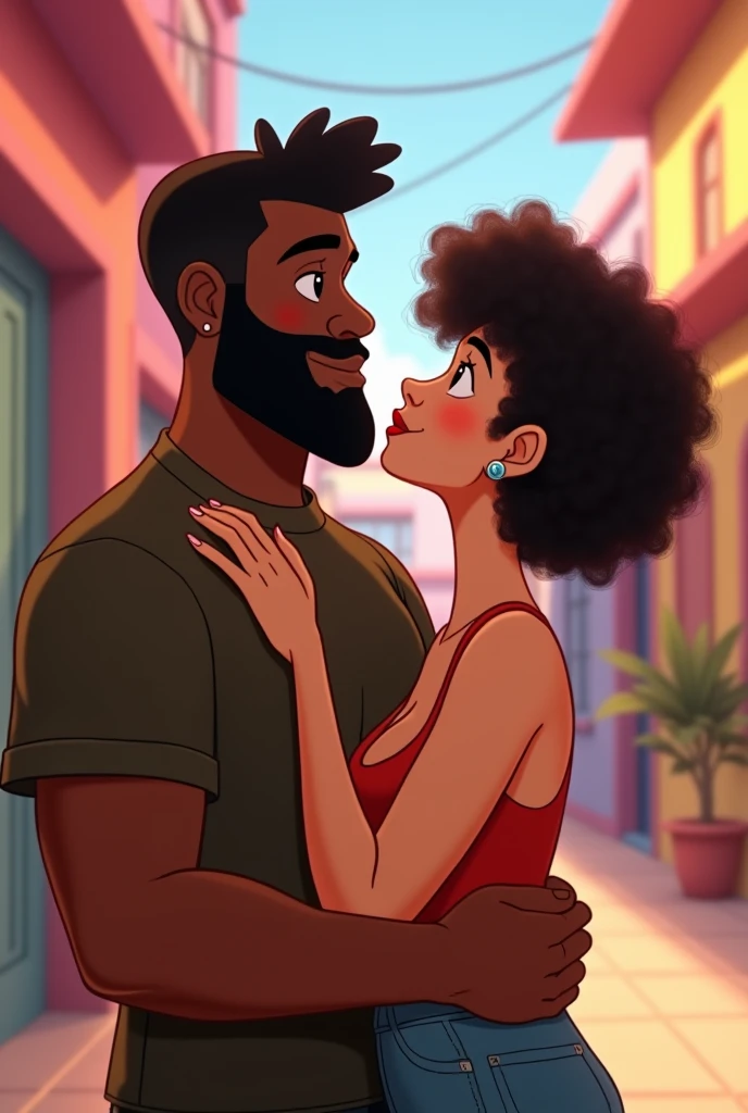 Please create an image of a gay couple, where one is a dark-skinned, fat, bearded guy and the other is a skinny, white guy with an industrial piercing in his ear and both have curly hair., animated version 